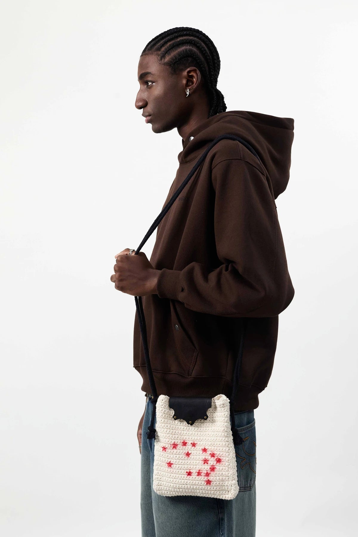 Bolsa Lateral em Crochê e Couro Off White - Feito à Mão