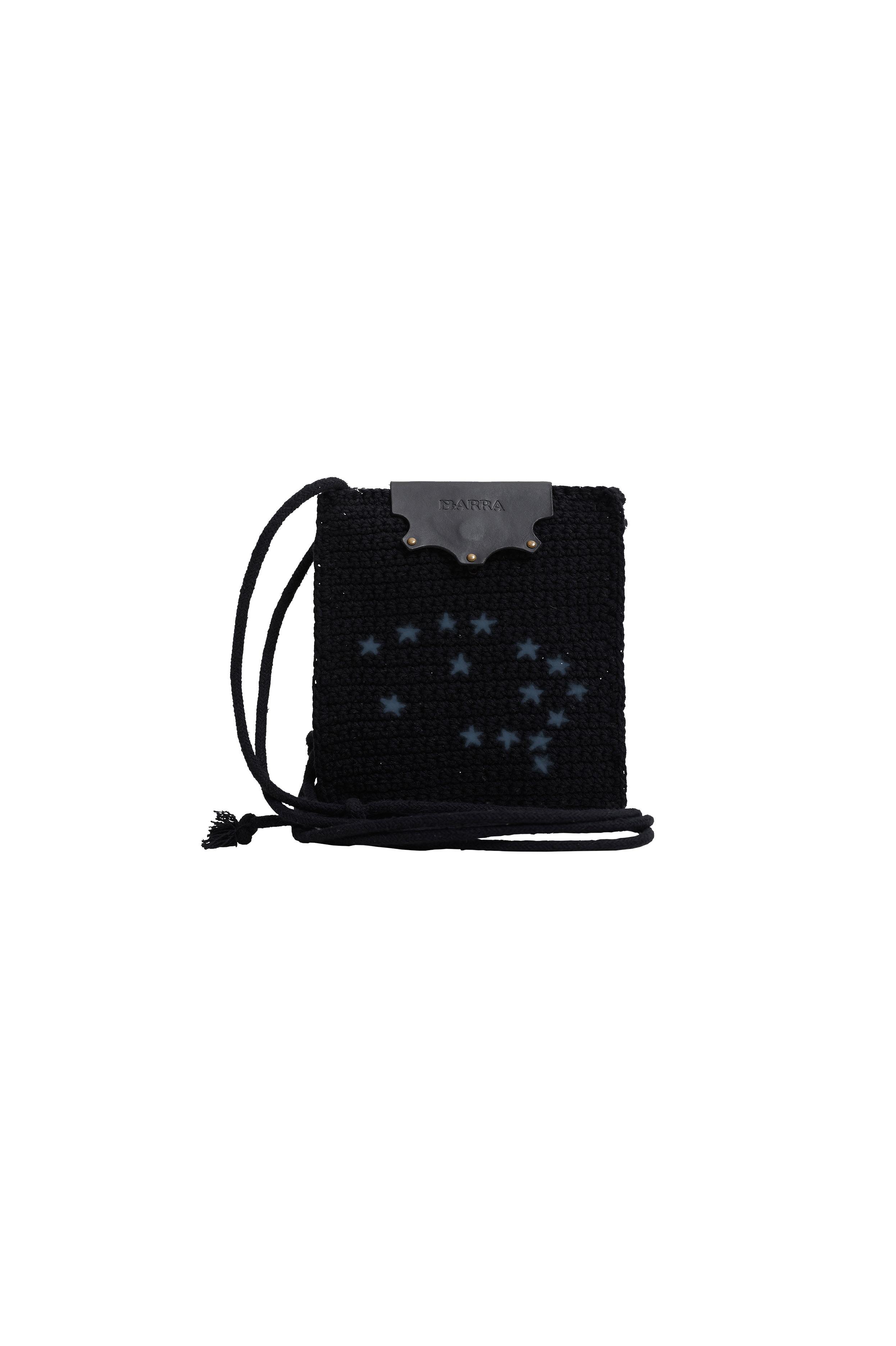 Bolsa Lateral em Crochê e Couro Preta - Feito à Mão